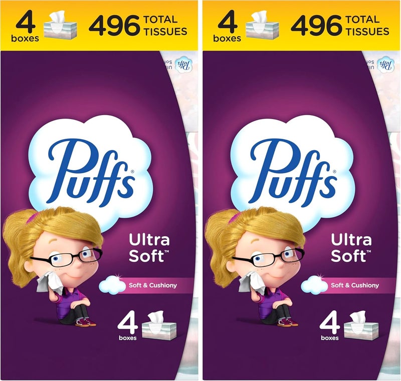 Puffs Ultra Soft Facial Tissues, 4 Family Size Boxes, 124 Facial Tissues Per Box (Pack of 2) - Image 1